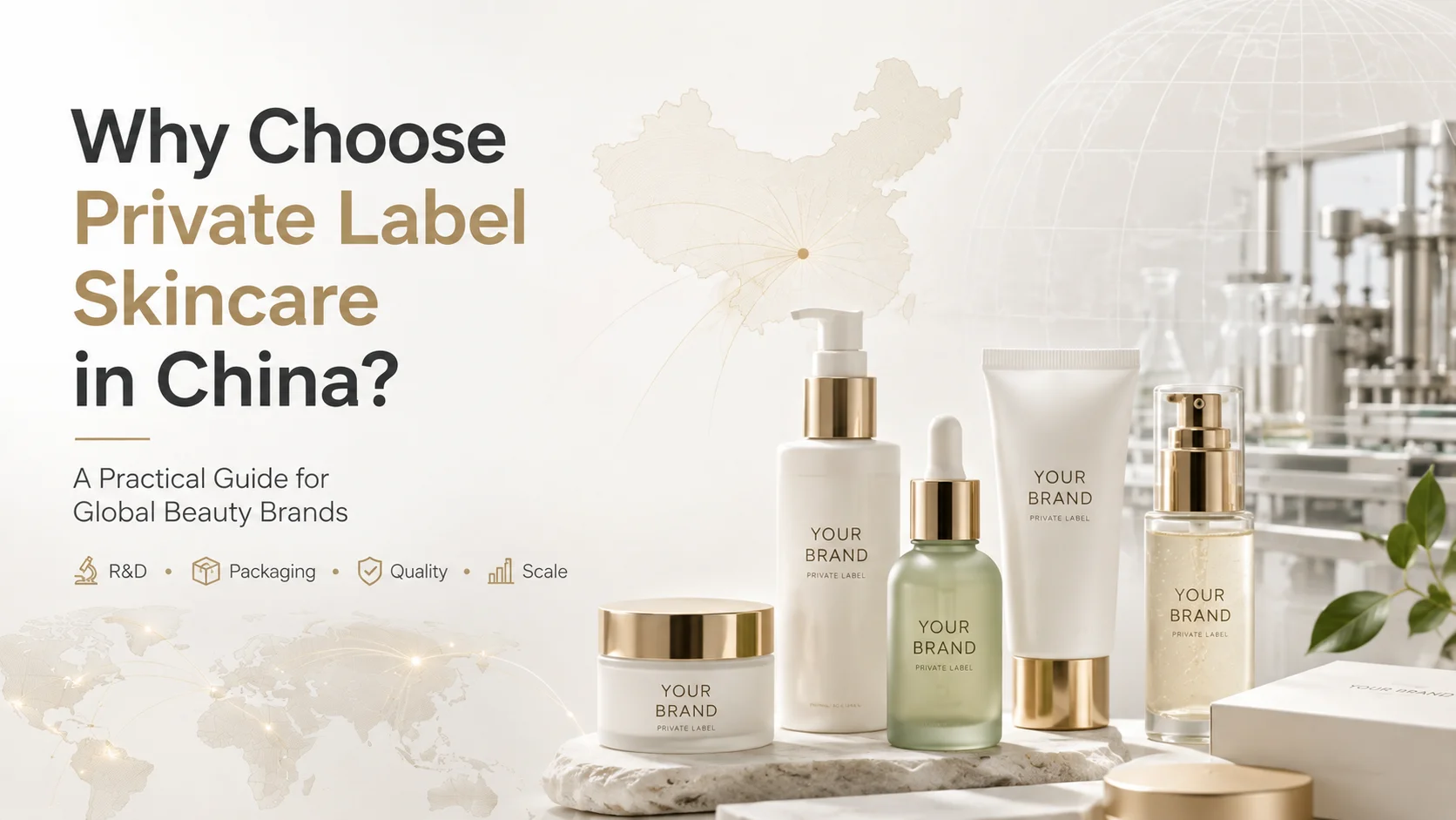 Promotional image showing a guide to private label skincare manufacturing in China, alongside branded skincare products and a factory setup.